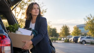 Mid-career worker placing a box of office belongings into a car after leaving a job