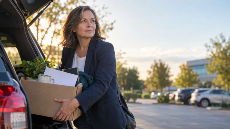 Mid-career worker placing a box of office belongings into a car after leaving a job