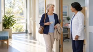 Retired woman arriving for a preventive visit and speaking with her doctor