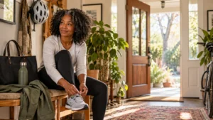 A midlife woman ties her walking shoe before beginning her day.