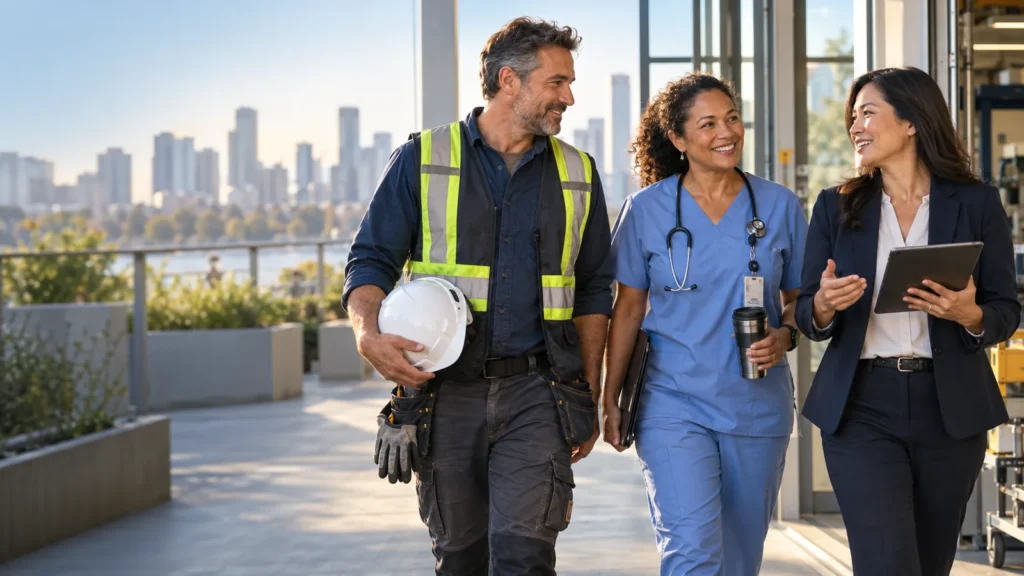 Three midlife professionals from skilled trades, healthcare and business walking together at work