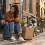 A father and his adult daughter discuss a transition outside her apartment.