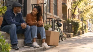 A father and his adult daughter discuss a transition outside her apartment.