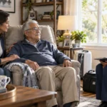 An older adult and family caregiver meeting with a hospice nurse in a comfortable home