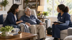 An older adult and family caregiver meeting with a hospice nurse in a comfortable home