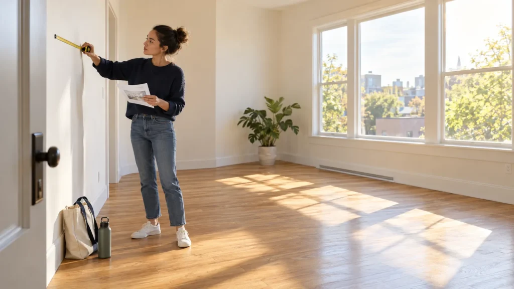 Prospective homebuyer measuring a wall in an empty sunlit room