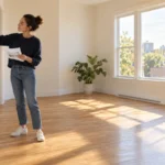 Prospective homebuyer measuring a wall in an empty sunlit room