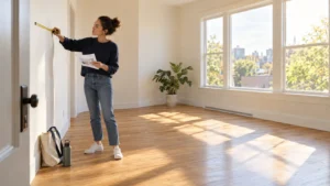 Prospective homebuyer measuring a wall in an empty sunlit room