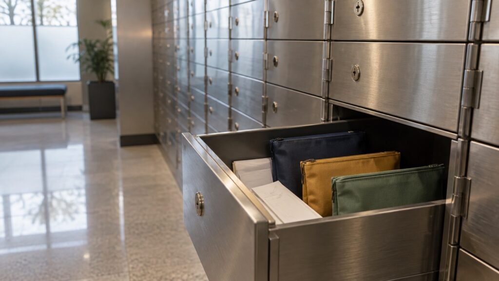 Three separate retirement cash reserves represented by navy, amber and green document pouches in a community-bank storage drawer