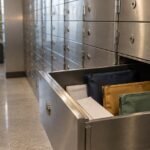 Three separate retirement cash reserves represented by navy, amber and green document pouches in a community-bank storage drawer