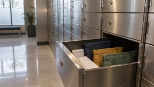 Three separate retirement cash reserves represented by navy, amber and green document pouches in a community-bank storage drawer