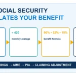 Diagram showing Social Security benefit calculation from 35 years of earnings through AIME, PIA and claiming age