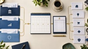 Monthly calendar connecting retirement income sources to checking and organized household bills
