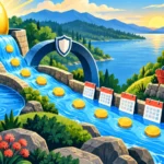 Colorful symbolic river carrying regular income payments from a golden nest egg toward retirement calendars and a secure home