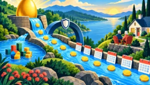 Colorful symbolic river carrying regular income payments from a golden nest egg toward retirement calendars and a secure home