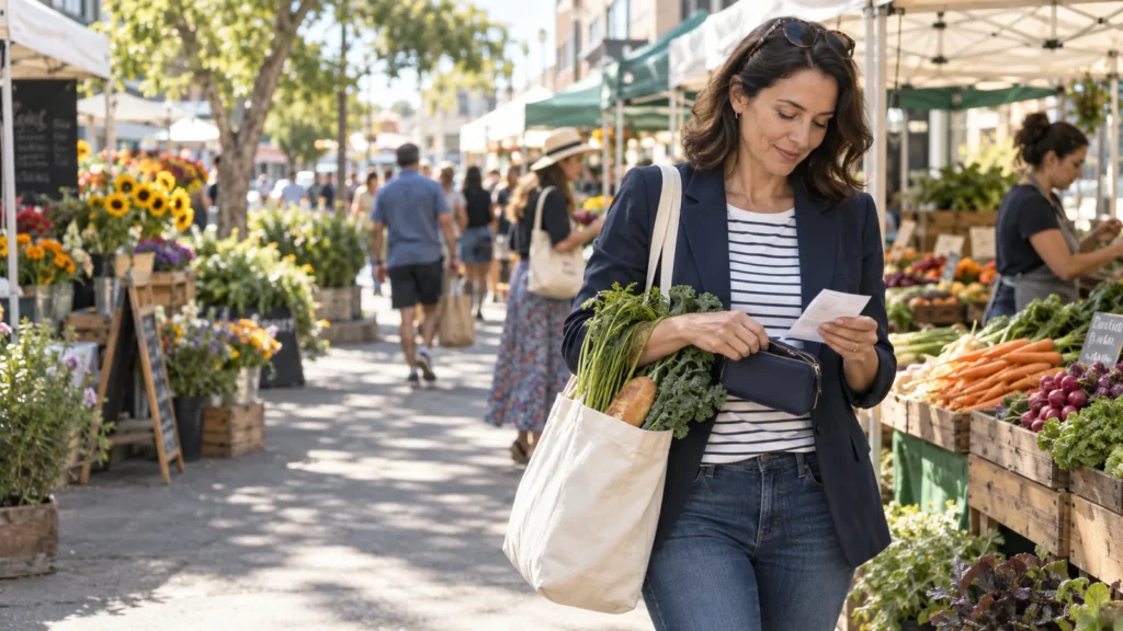 Woman reviewing a receipt while carrying groceries through a farmers market