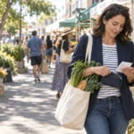 Woman reviewing a receipt while carrying groceries through a farmers market