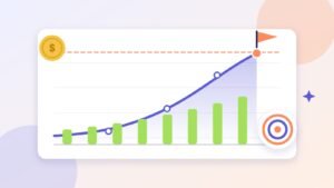 Illustration of a savings growth curve rising over yearly contribution bars to reach a goal flag, with a target badge