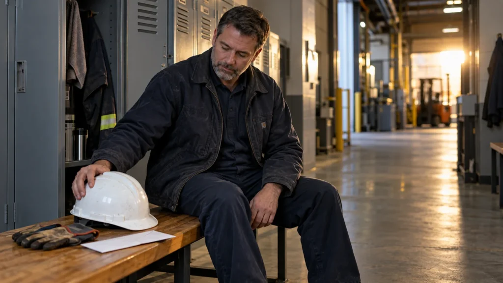 Mid-career industrial worker reviewing a separation envelope in a workplace locker room