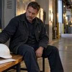 Mid-career industrial worker reviewing a separation envelope in a workplace locker room