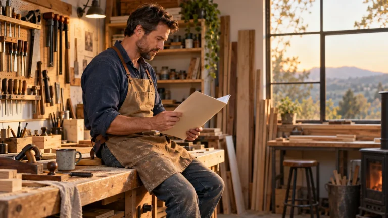 Mid-career woodworker reviewing benefit documents in a working studio