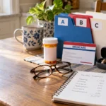 Medicare Parts A, B, C and D folders beside prescriptions, eyeglasses, hearing aids and a healthcare budget on a kitchen table