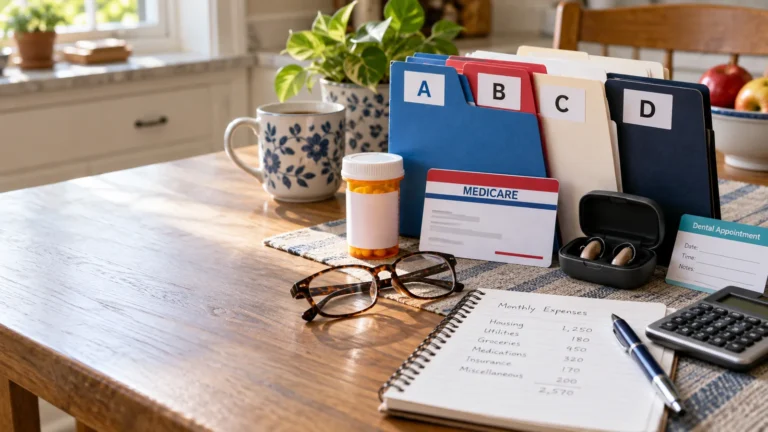Medicare Parts A, B, C and D folders beside prescriptions, eyeglasses, hearing aids and a healthcare budget on a kitchen table