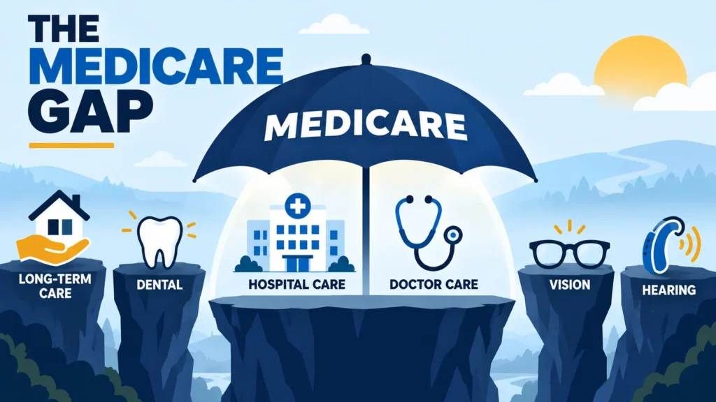 Medicare umbrella covers hospital and doctor care while long-term care, dental, vision and hearing remain outside