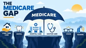 Medicare umbrella covers hospital and doctor care while long-term care, dental, vision and hearing remain outside