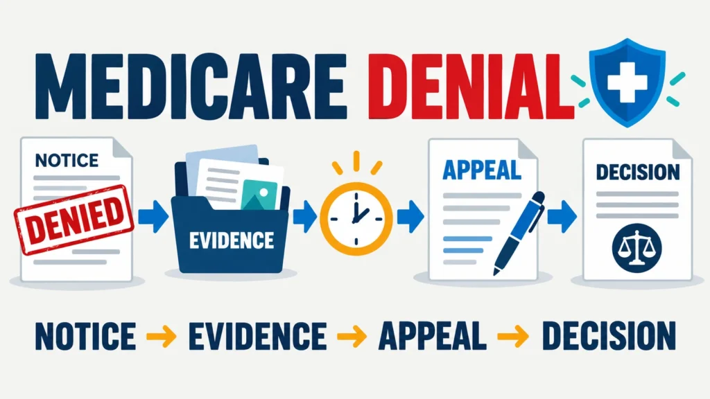 Medicare denial notice moves through evidence, appeal and decision stages beside a deadline clock