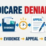 Medicare denial notice moves through evidence, appeal and decision stages beside a deadline clock