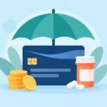 A health insurance card, prescription bottle and coins protected by an umbrella