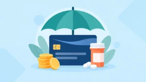 A health insurance card, prescription bottle and coins protected by an umbrella
