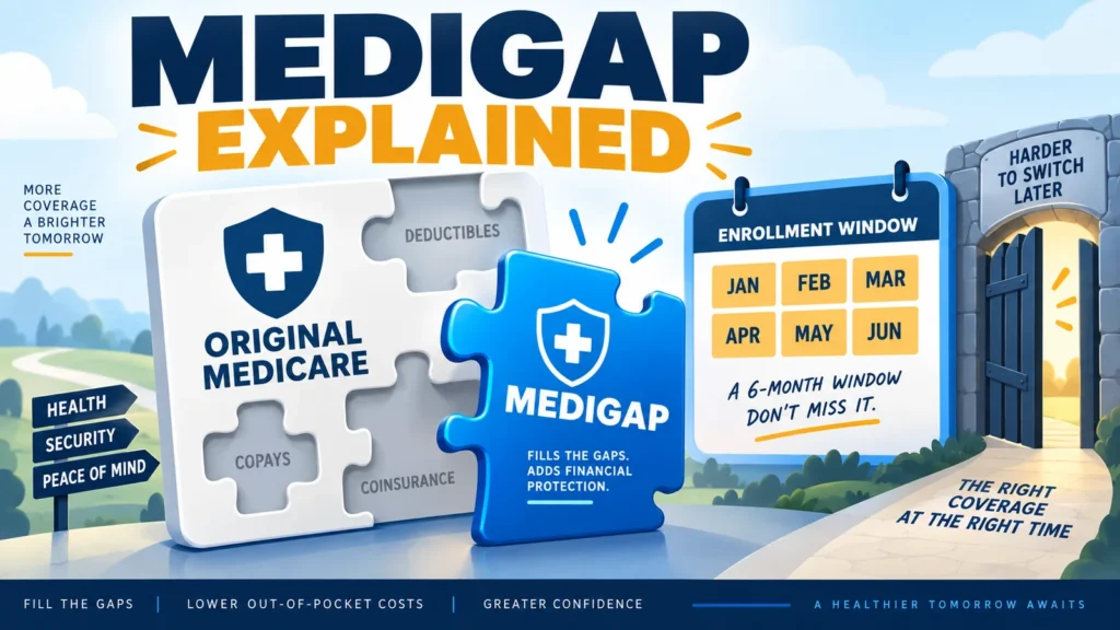 Medigap puzzle piece fills cost-sharing gaps in Original Medicare beside a six-month enrollment calendar and a narrowing gate