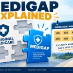 Medigap puzzle piece fills cost-sharing gaps in Original Medicare beside a six-month enrollment calendar and a narrowing gate