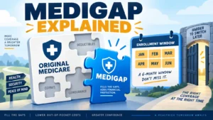 Medigap puzzle piece fills cost-sharing gaps in Original Medicare beside a six-month enrollment calendar and a narrowing gate