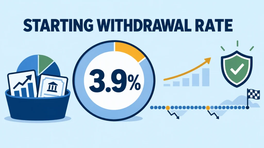 Symbolic 3.9 percent retirement withdrawal gauge beside a diversified portfolio and 30-year timeline