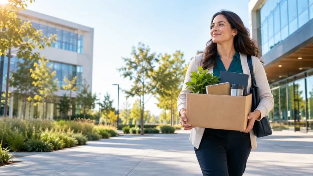 Professional carrying an office box while walking between two workplace buildings