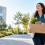 Professional carrying an office box while walking between two workplace buildings