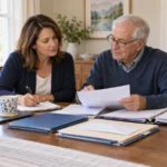 Adult daughter and aging father organizing financial and insurance documents together at a dining table