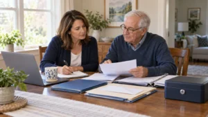 Adult daughter and aging father organizing financial and insurance documents together at a dining table