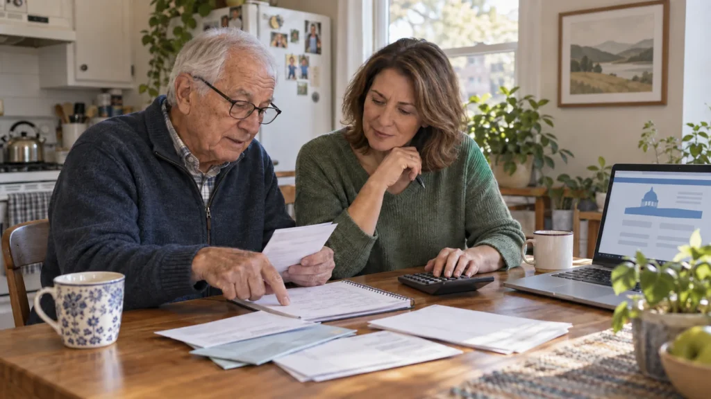 Aging father and adult daughter creating a practical monthly budget and reviewing benefit information together