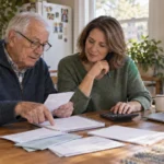 Aging father and adult daughter creating a practical monthly budget and reviewing benefit information together