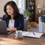 A professional woman works from a home office while her aging father reviews papers nearby.