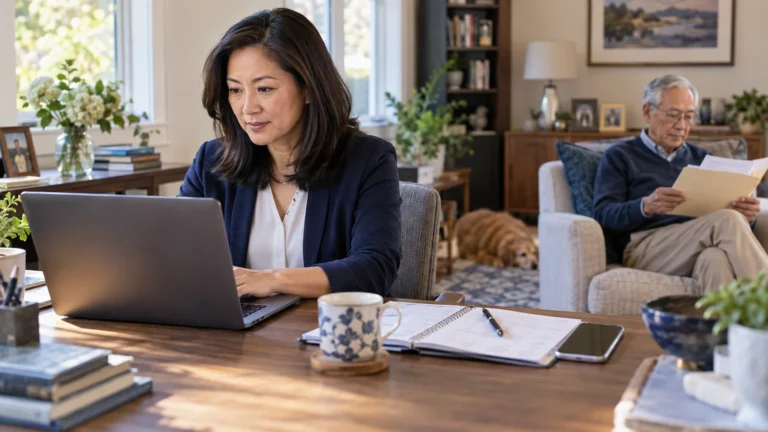 A professional woman works from a home office while her aging father reviews papers nearby.