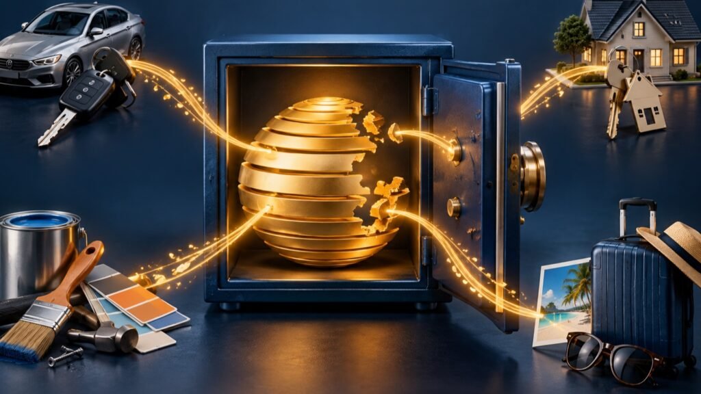 A retirement nest egg inside a vault being drained toward a car, house, home renovation and vacation