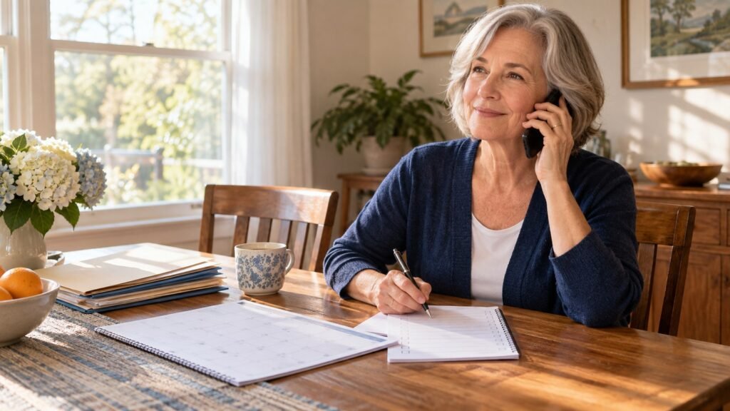 Woman preparing for retirement while making a phone call and organizing a calendar and checklist