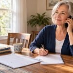 Woman preparing for retirement while making a phone call and organizing a calendar and checklist