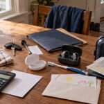 Home repair tools, car keys, hearing aids, dental care, tax papers, family assistance and travel items arranged on a kitchen table
