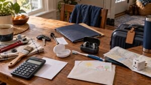 Home repair tools, car keys, hearing aids, dental care, tax papers, family assistance and travel items arranged on a kitchen table